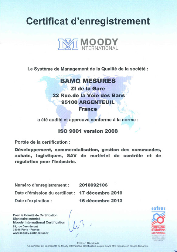 Certificat d'enregistrement Moody International de BAMO Mesures